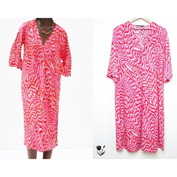 Zara Pink Red Abstract Dress XS V-Neck Midi Summer Resort Blogger - Picture 1 of 7